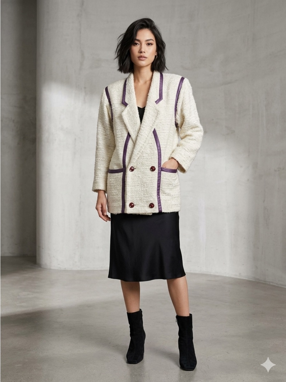 Party Vintage Cream and Sparkle Tweed Double-Breasted Blazer purple Accent!